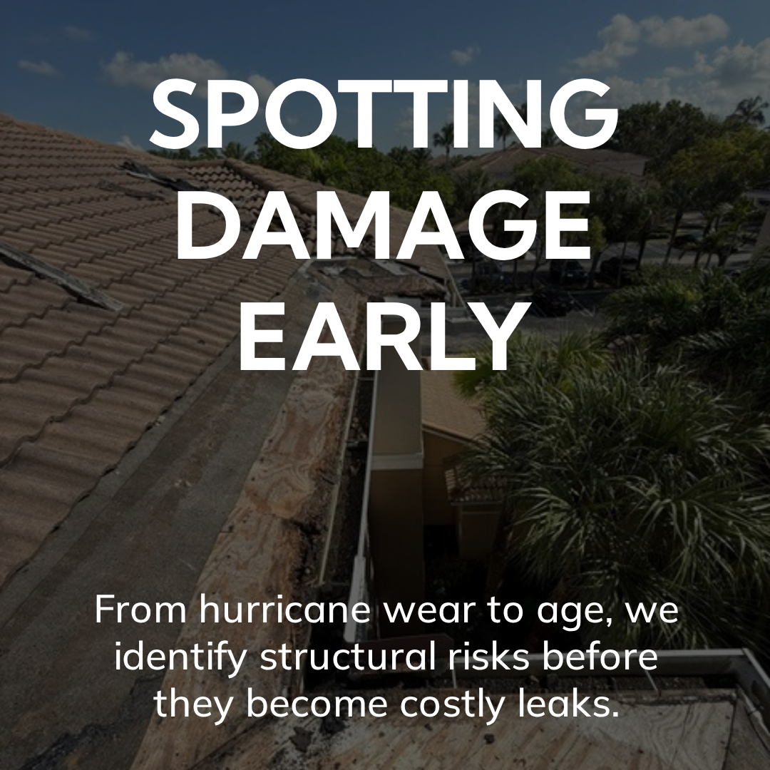 Residential roofing professional examining a damaged roof on a Hallandale Beach home